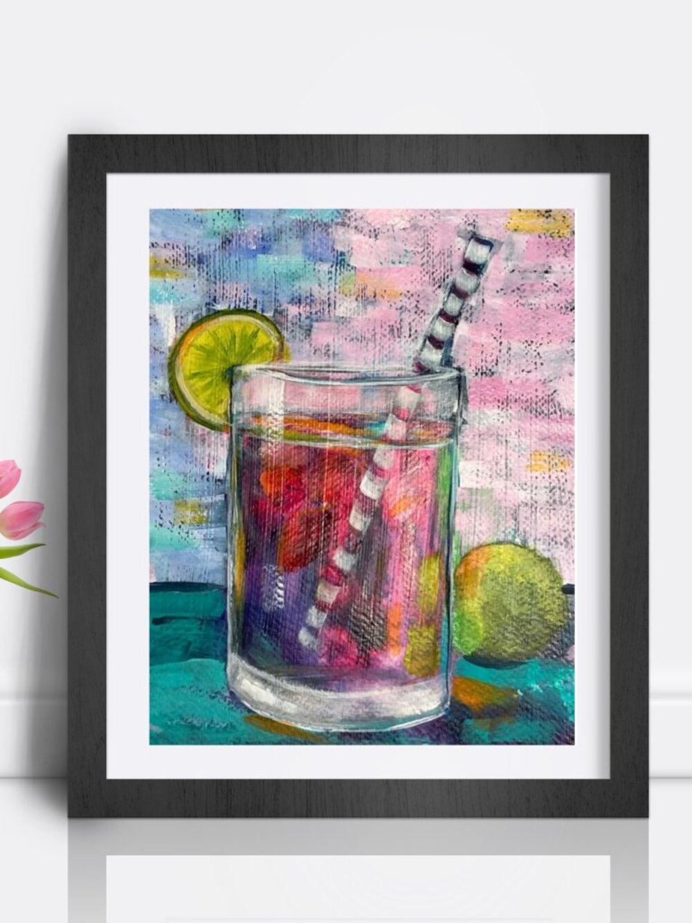 Tropical Sunset Colorful Cocktail Still Life Painting with Lime 8 X 10 "